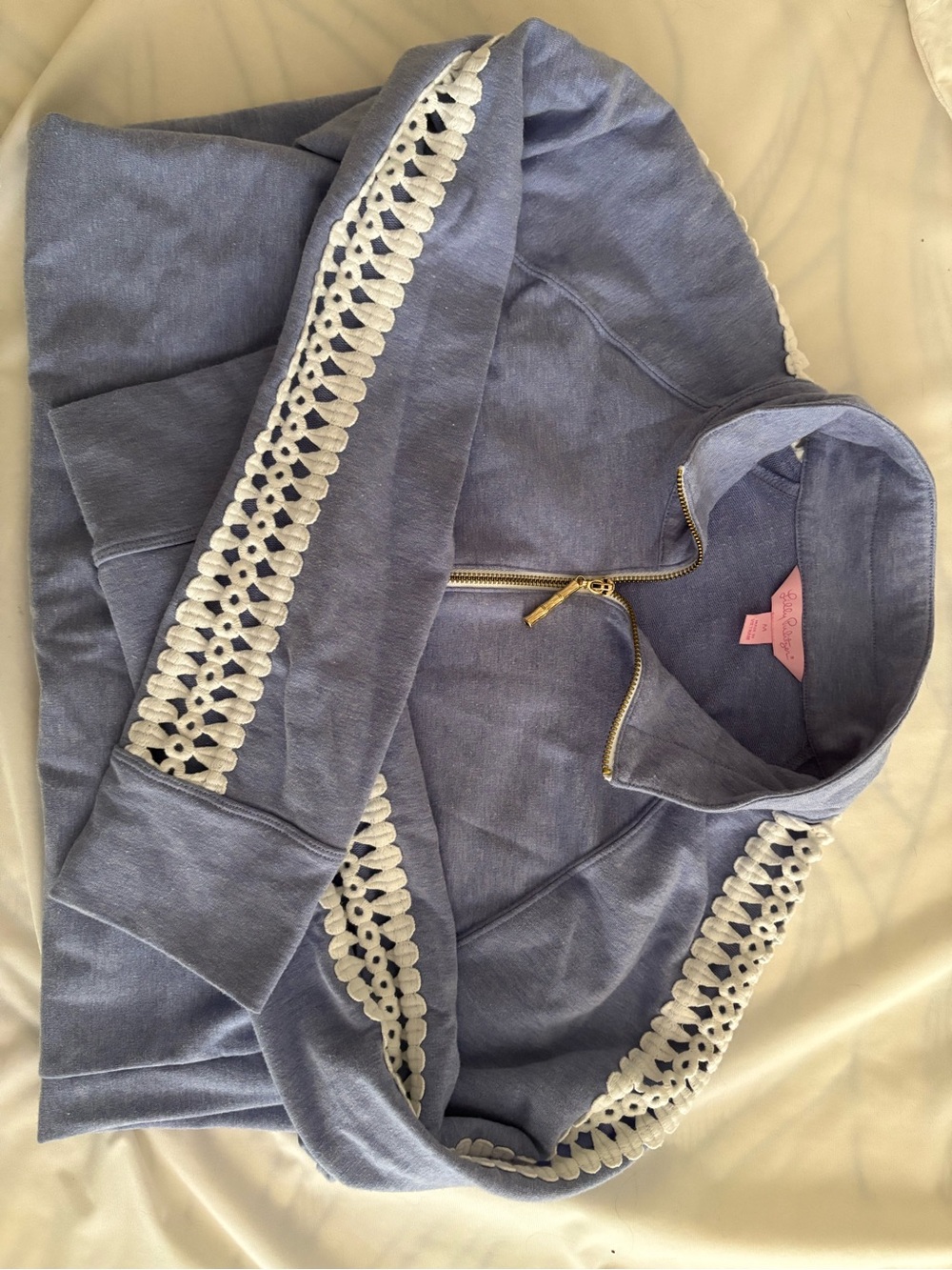 Lilly Pulitzer Light Blue/Periwinkle Zip-Up sweatshirt with White Crochet Trim